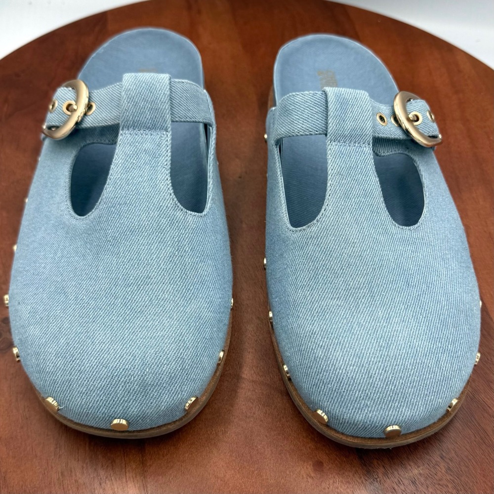 Chelsea & Violet‎ Kalli Studded T-Strap Clog Mules Blue Denim Shoes Womens 11M